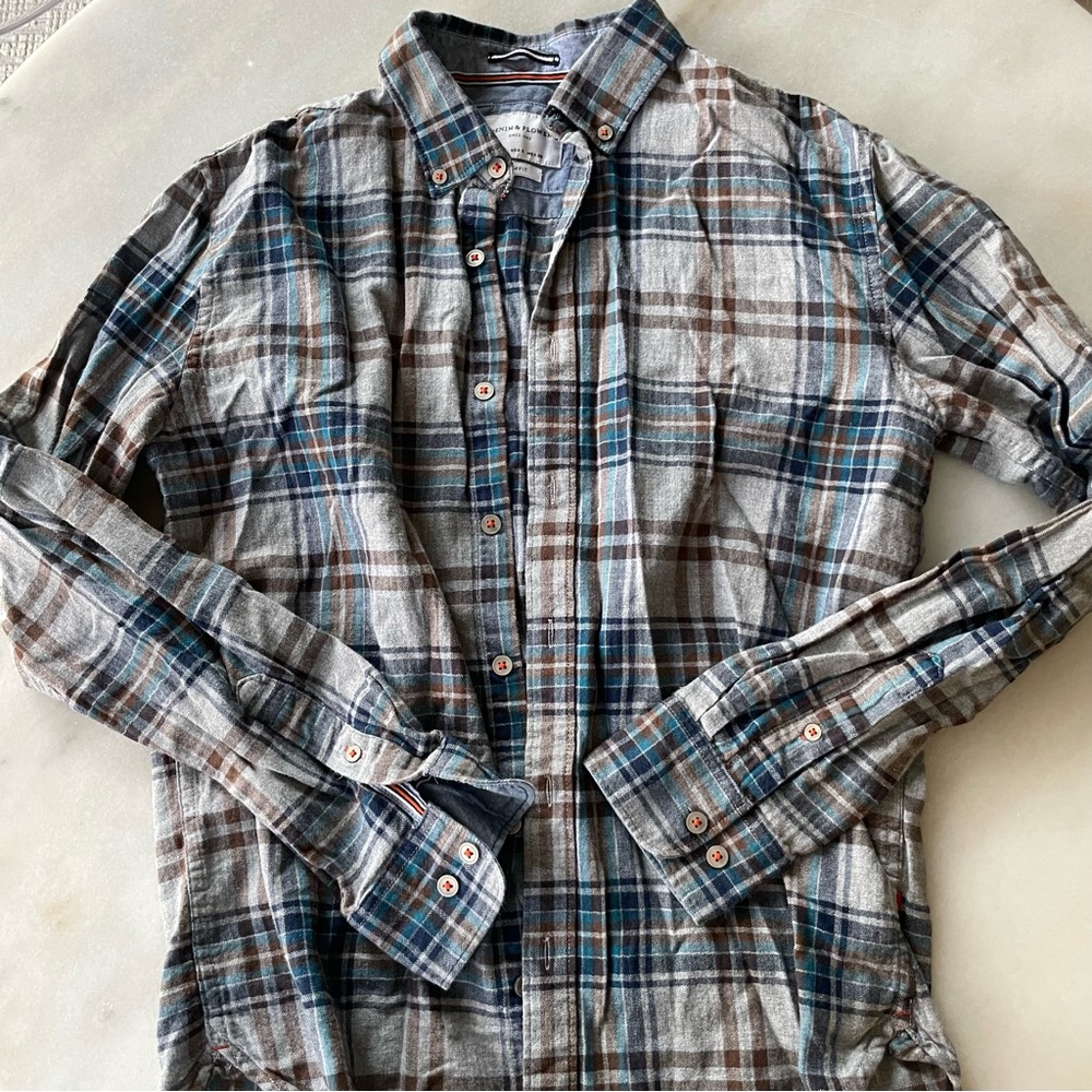 Denim and Flower Men's Plaid Button-Down Shirt - Blue & Brown size S
